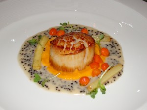 Pan Roasted Diver Scallop with carrot puree, baby white asparagus and caviar vermouth butter