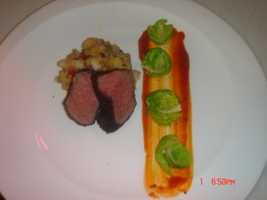 Coffee Rubbed Filet with Cornbread Stuffing, BBQ Sauce and Brussel Sprouts