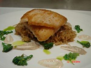 Barramundi with Mushroom Rice Pilaf and Cashew Vinaigrette