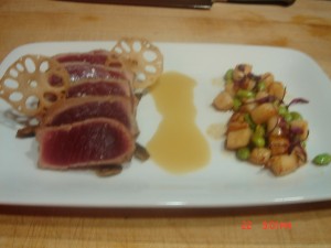 Seared Ahi Tuna with Edamame, Bay Scallop and White Soy Vinaigrette
