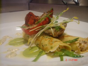 Lobster Crepes with Spring Pea Puree and Popcorn Shoots