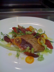 Seared Ahi Tuna with Grilled Hearts of Palm, Blood Oranges, Cucumber and Avocado Coulis