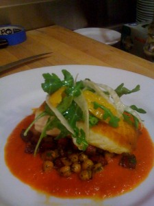 Halibut with Chorizo and Chickpea Ragout and Orange Fennel Salad