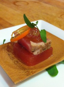 Ahi Tuna with watermelon, aged balsamic and kumquat caviar
