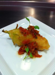 Zucchini Flower with fresh ricotta, sun dried tomatoes and Meyere lemon pesto