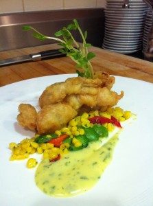 Tempura Chesapeake Soft Shell Crab with Brentwood Farms corn succotash and fines herbs aioli