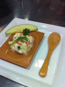 Coconut Milk Ceviche with Alaskan halibut, lime, cucumber and Thai bird chili