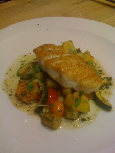 Local White Seabass with summer squash, Persian gnocchi, cherry heirloom tomatoes and champagne brown butter