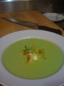 Chilled Asparagus Soup with parmesan truffle potato chips, lemon creme fraiche and pickled white asparagus